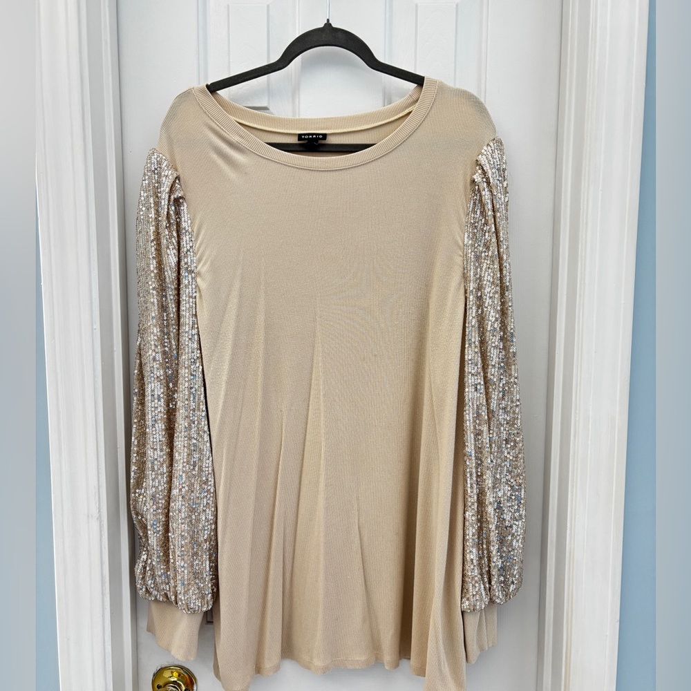 Torrid Beige Top with Sequin Sleeves
